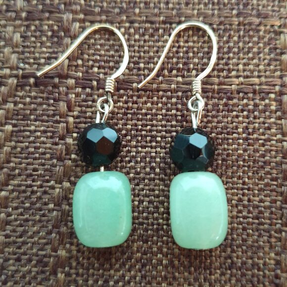 Pretty Vintage 925 Sterling Silver Aventurine & Black Glass Bead Dangle Earrings - Picture 6 of 14